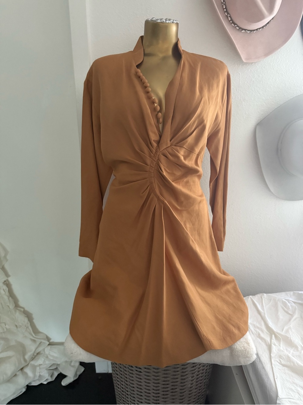 Sandro Caramel Twist-Front Long Sleeve Dress